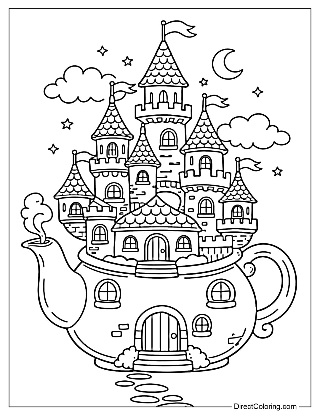 A coloring page of a fantastic castle built on a large teapot with small towers and cute round windows.