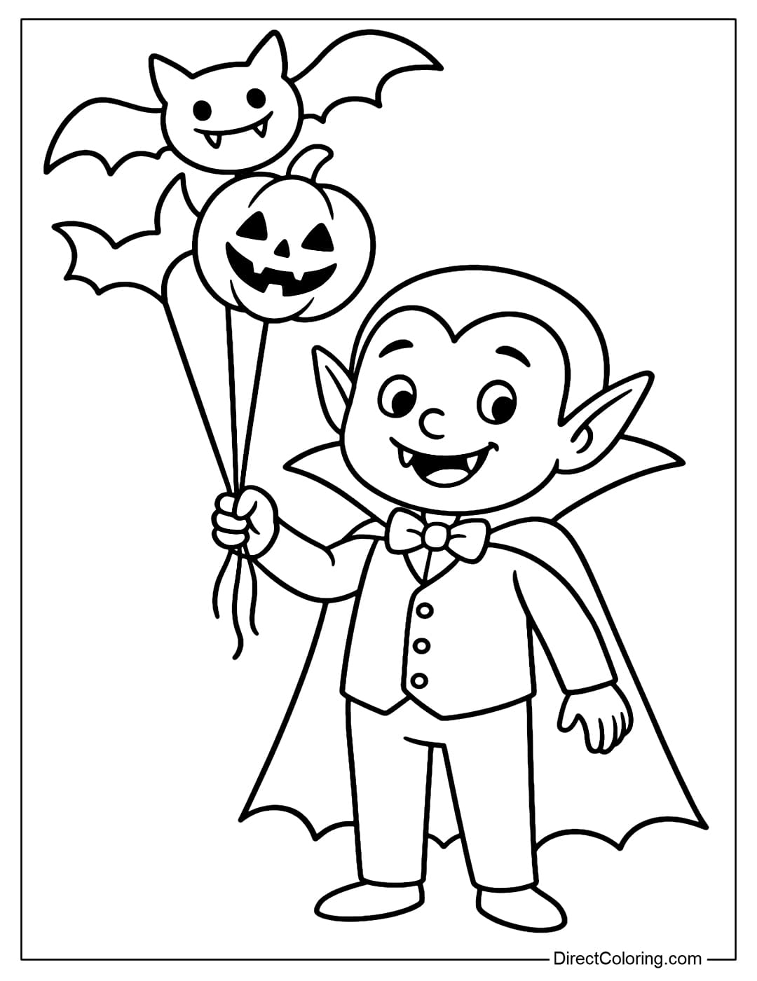 Cute Vampire with Balloons Coloring Page A coloring page of a little vampire holding a bunch of bat and pumpkin balloons, smiling happily.