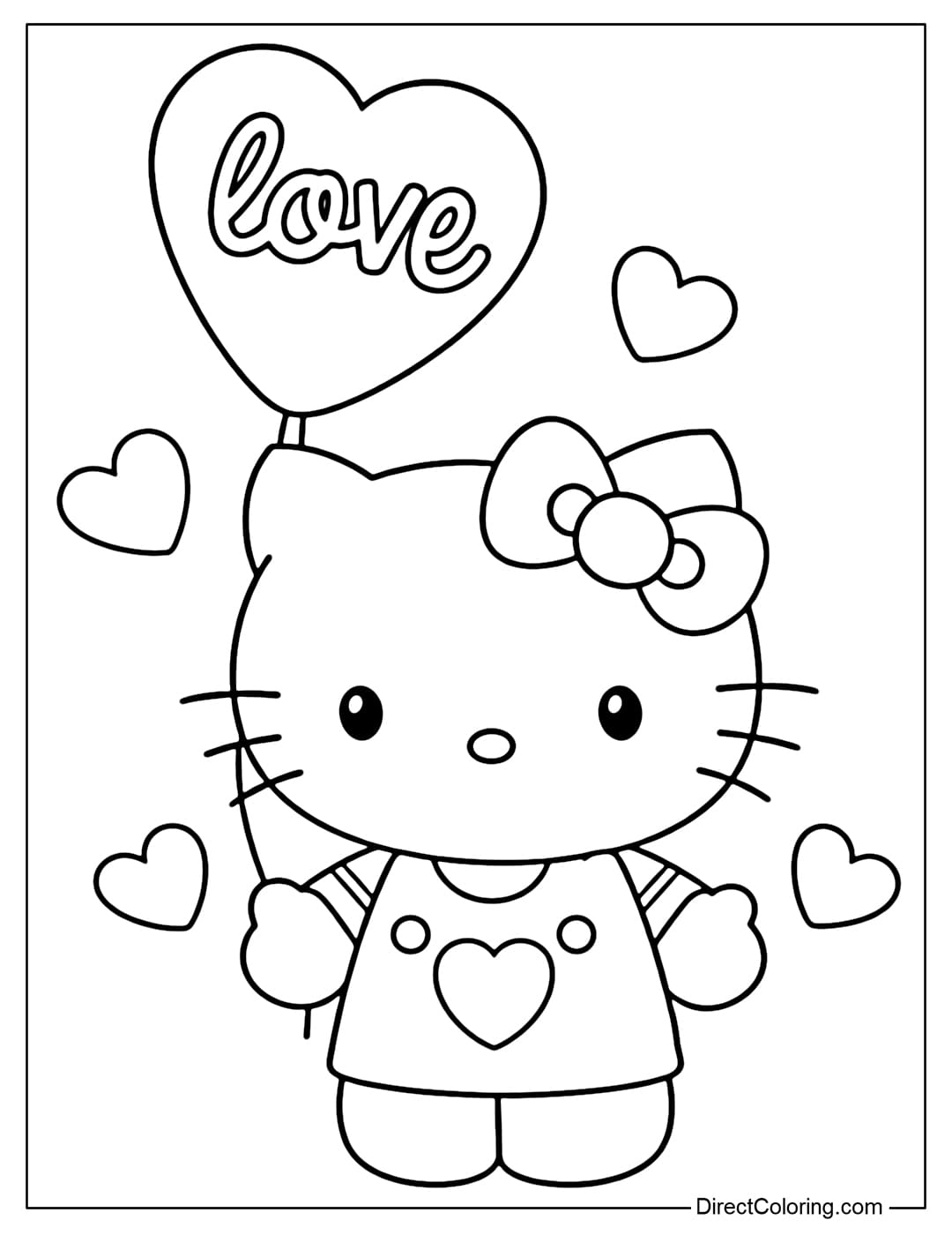 A coloring page featuring Hello Kitty holding a heart-shaped balloon with the word 