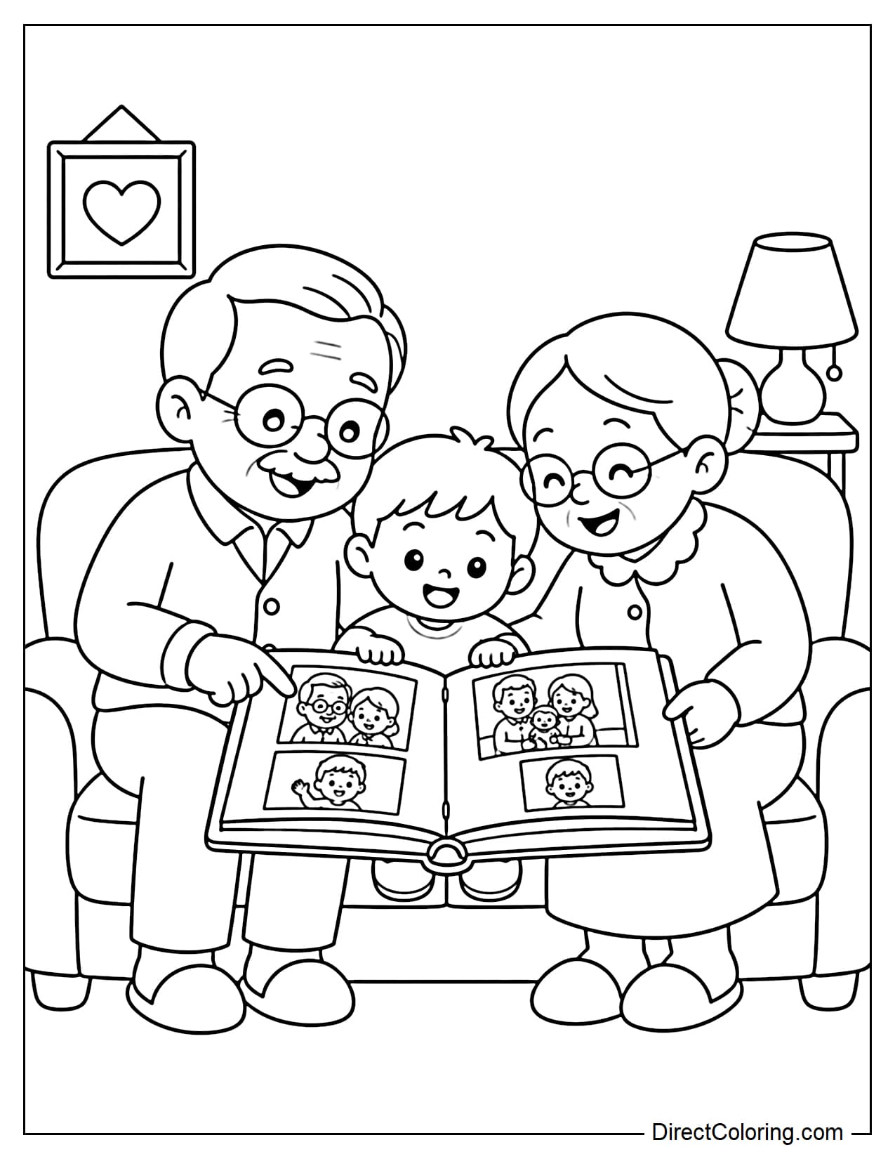 Grandparents and their grandchild sit together on a sofa, looking through a large family photo album.