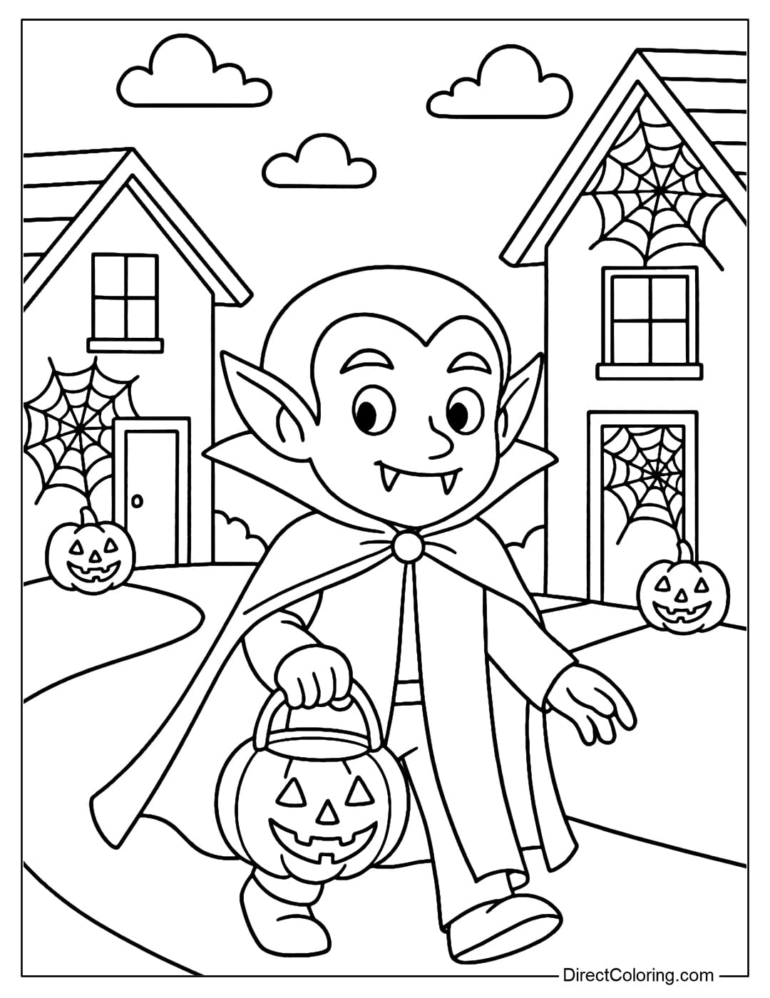 Halloween Vampire Trick or Treat Coloring Page A coloring page of a little vampire holding a pumpkin basket and begging for candy, surrounded by houses decorated with pumpkin lanterns and spider webs.