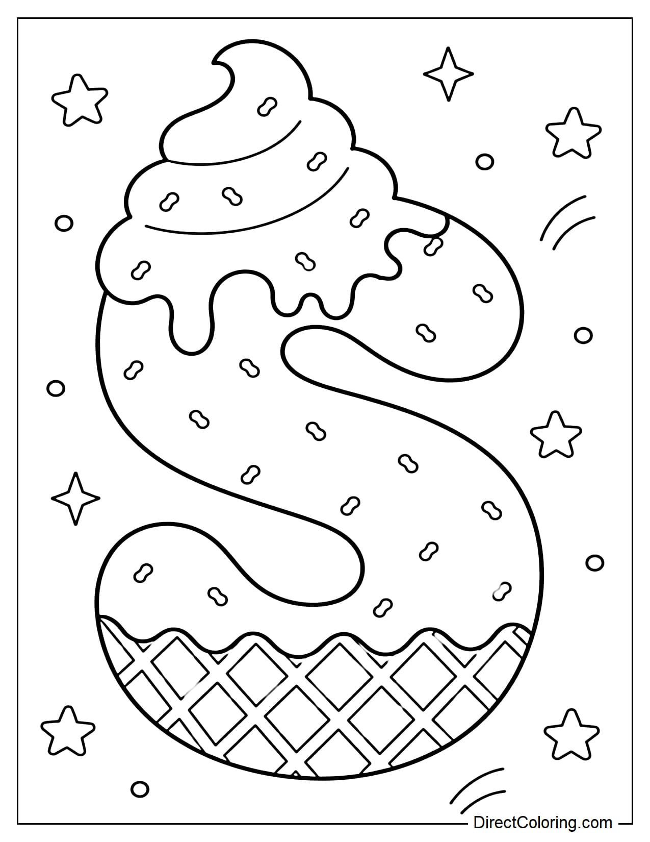 A large, bubble-shaped capital letter S made from soft serve ice cream, with a light, melting cream topping. The entire letter is sprinkled with tiny sprinkles, and the base has a waffle texture. It is surrounded by small stars and dots.