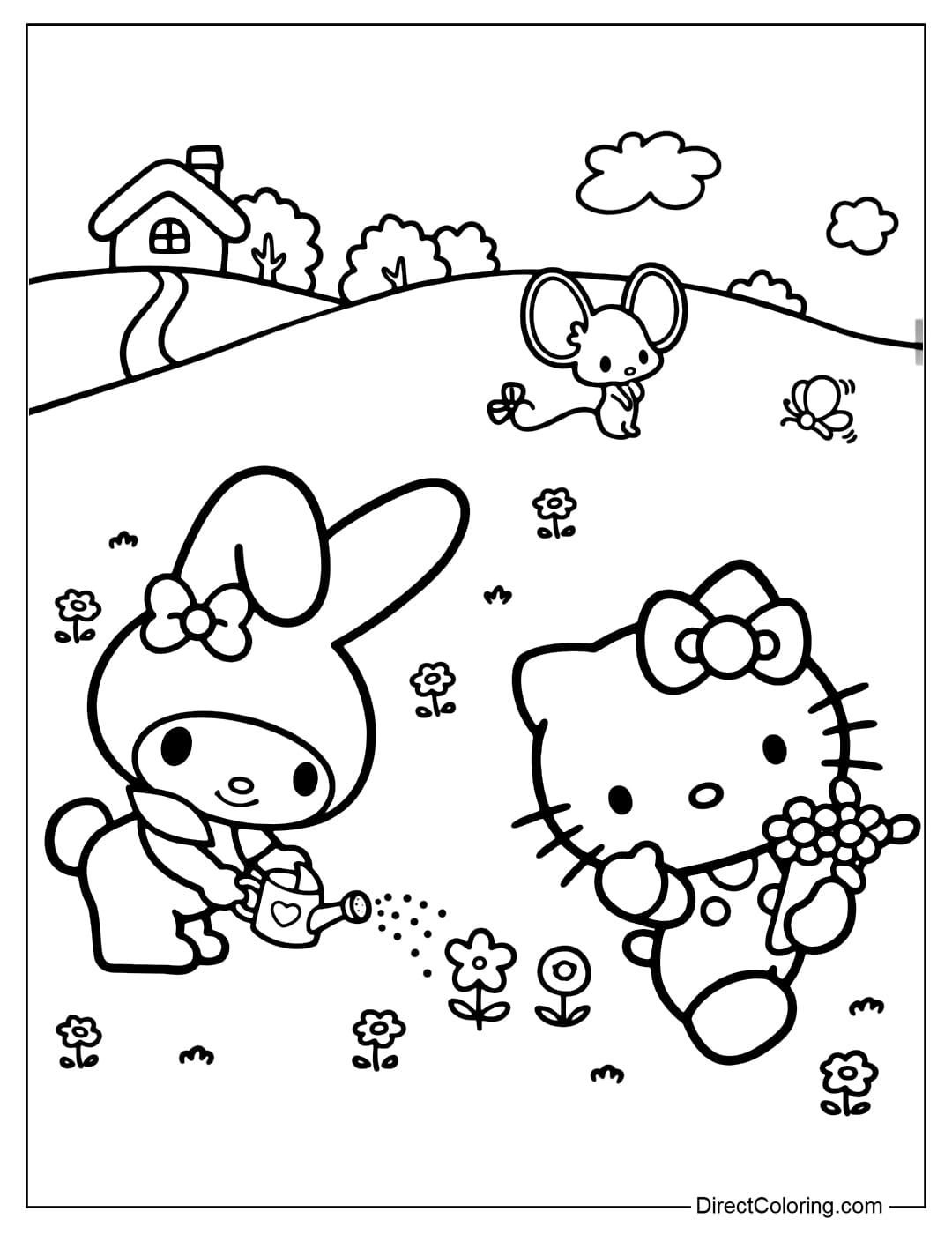 My Melody and Hello Kitty take care of a small garden, watering and picking flowers in a peaceful natural setting.