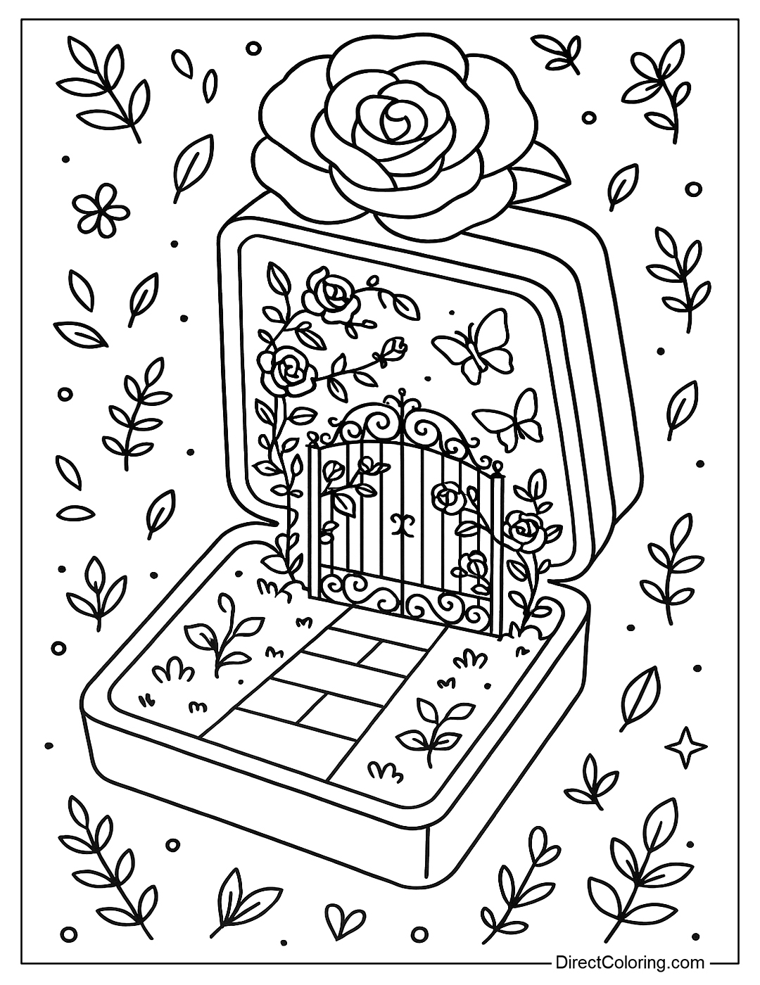 Rose Compact Coloring Page that opens to a secret garden with an iron gate, climbing flowers, and butterflies