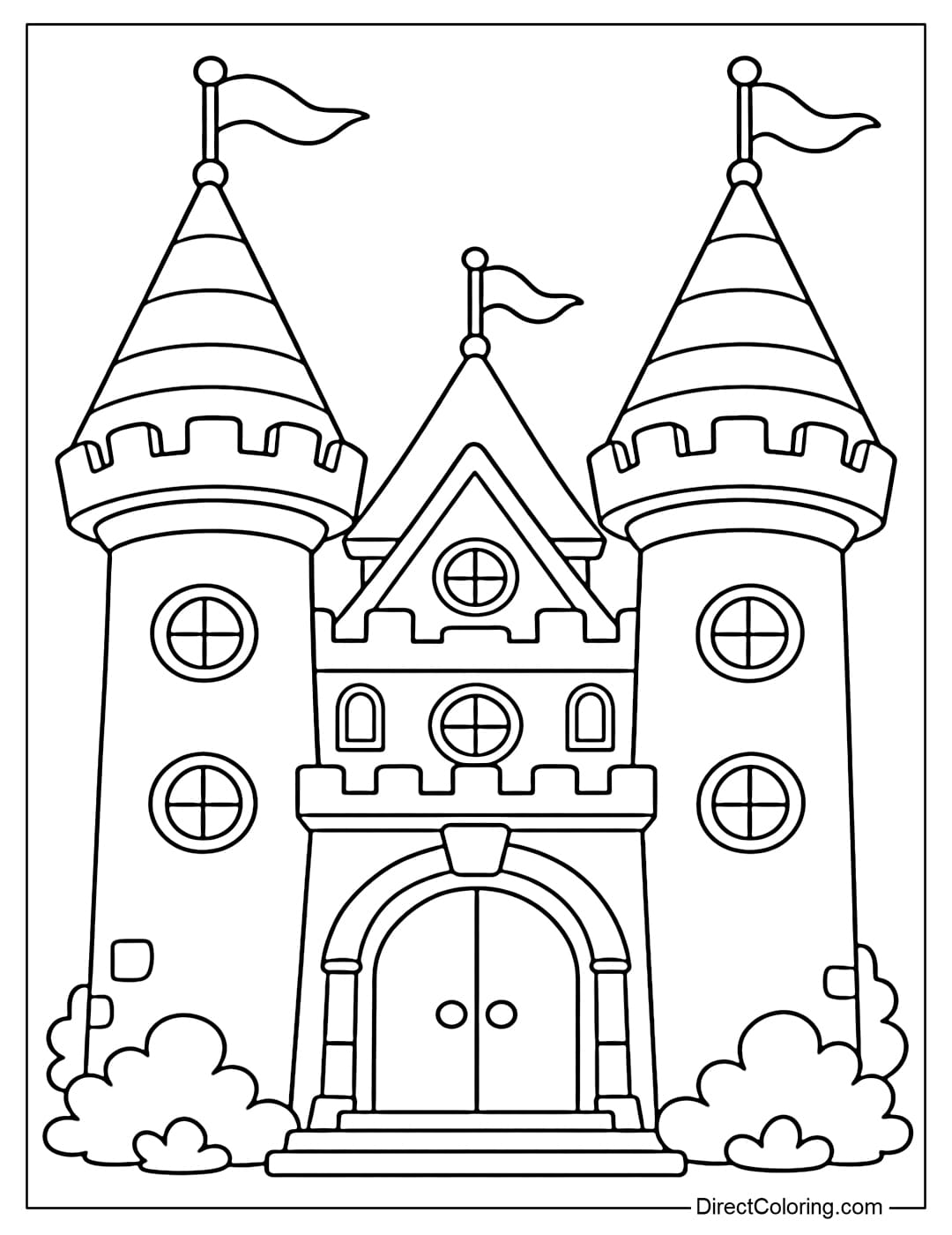 Coloring page of a castle with two large round towers and simple round windows.