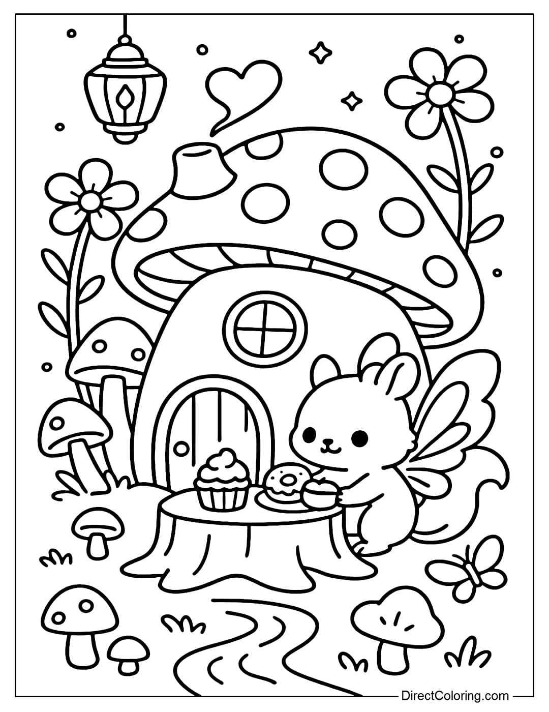A coloring page of a little squirrel with thin wings opening a bakery in a rounded mushroom house.