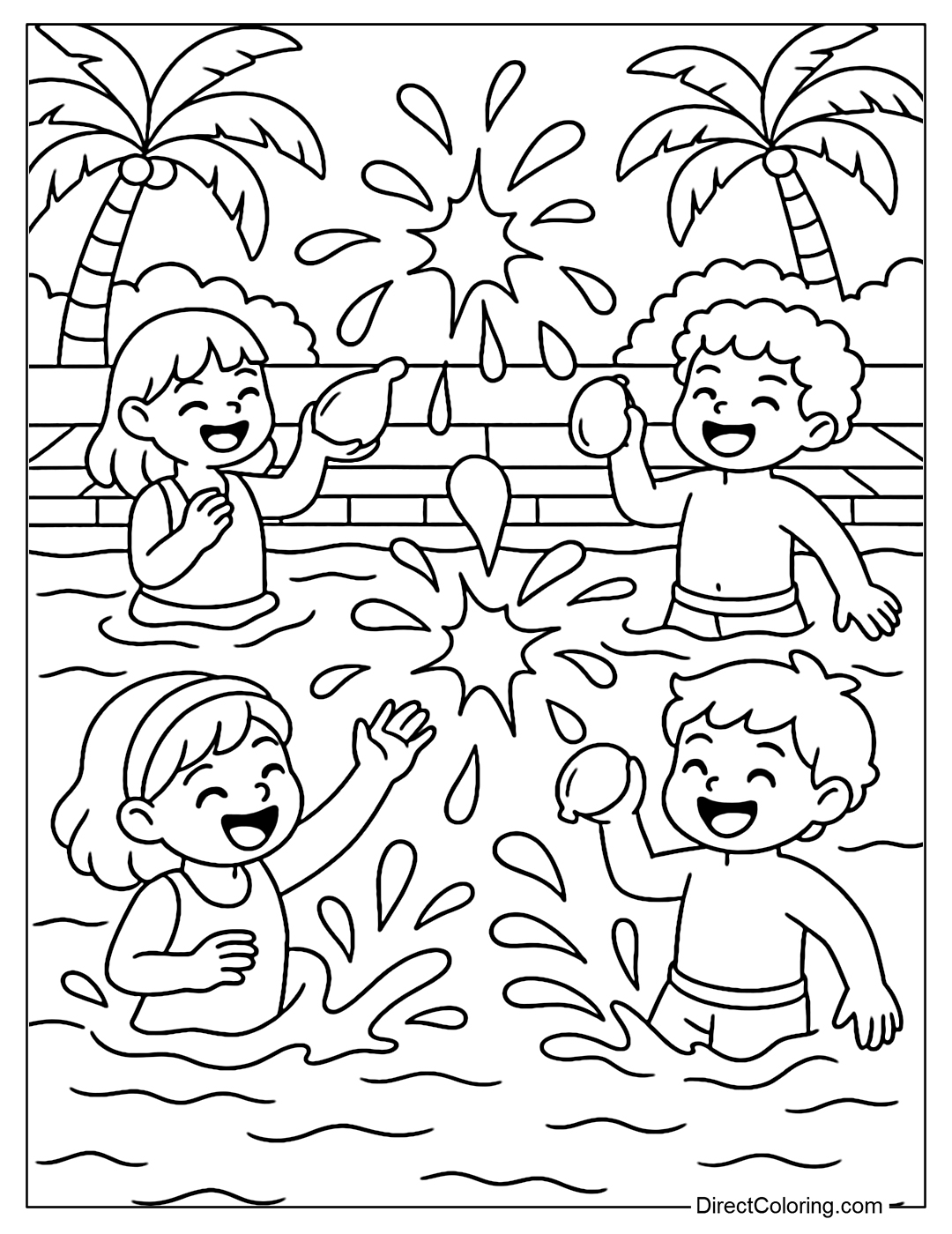 A coloring page of kids throwing balls around the pool, water balls flying everywhere.