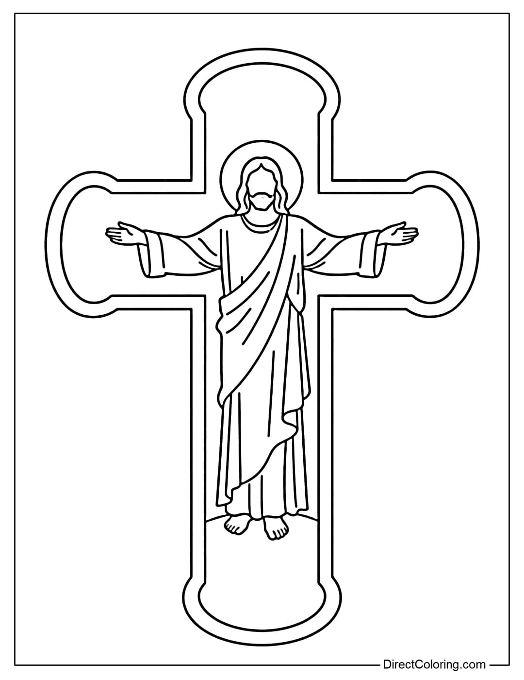 A coloring page of a large cross, inside which is the silhouette of Jesus with outstretched arms.