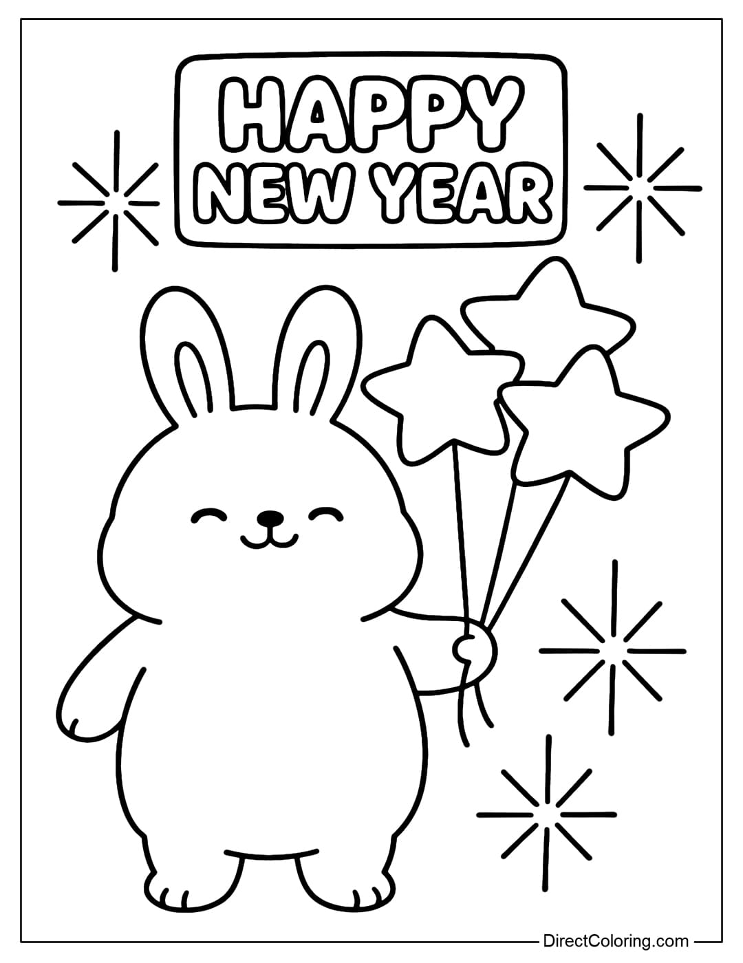 A coloring page of a cute fat bunny holding a bunch of star-shaped balloons, with the words Happy New Year on a small card above.