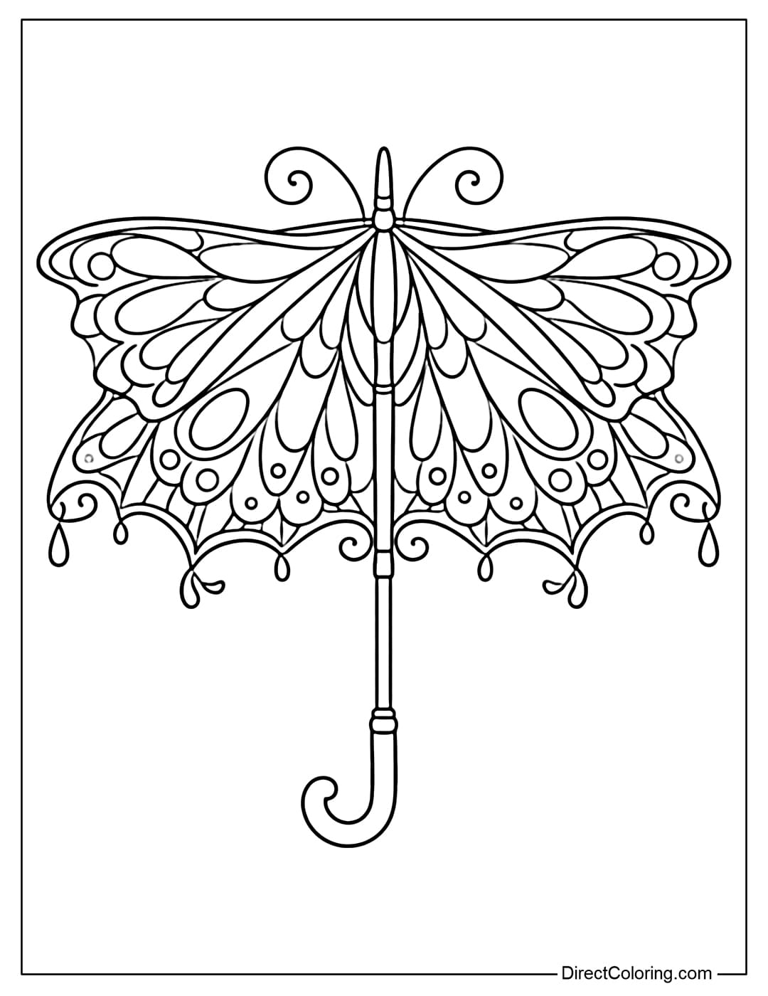 Coloring page of an umbrella inspired by butterfly wings with symmetrical patterns.