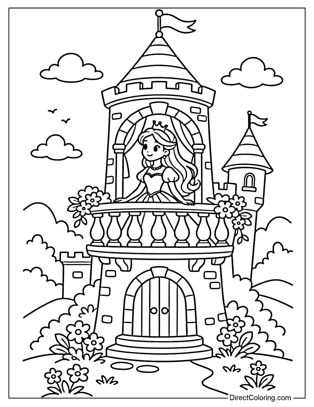 Coloring page of a fairy tale castle with a small balcony where the princess is standing looking out into the distance.