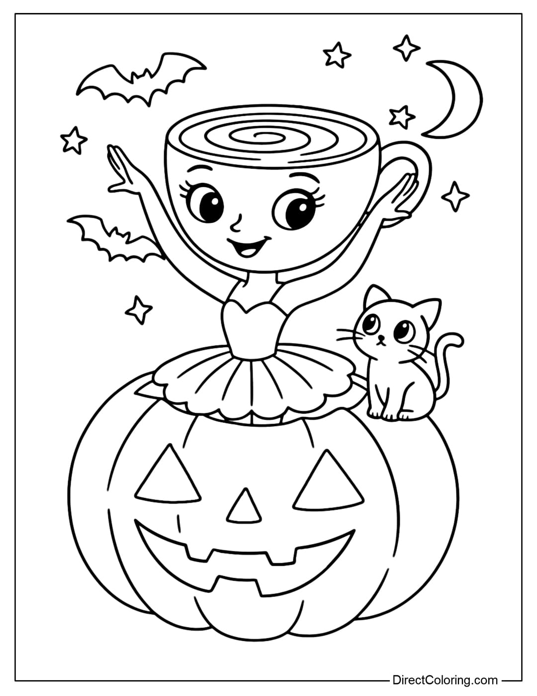 Ballerina Cappuccina Coloring Page standing and dancing gracefully inside a giant Jack-o'-Lantern.