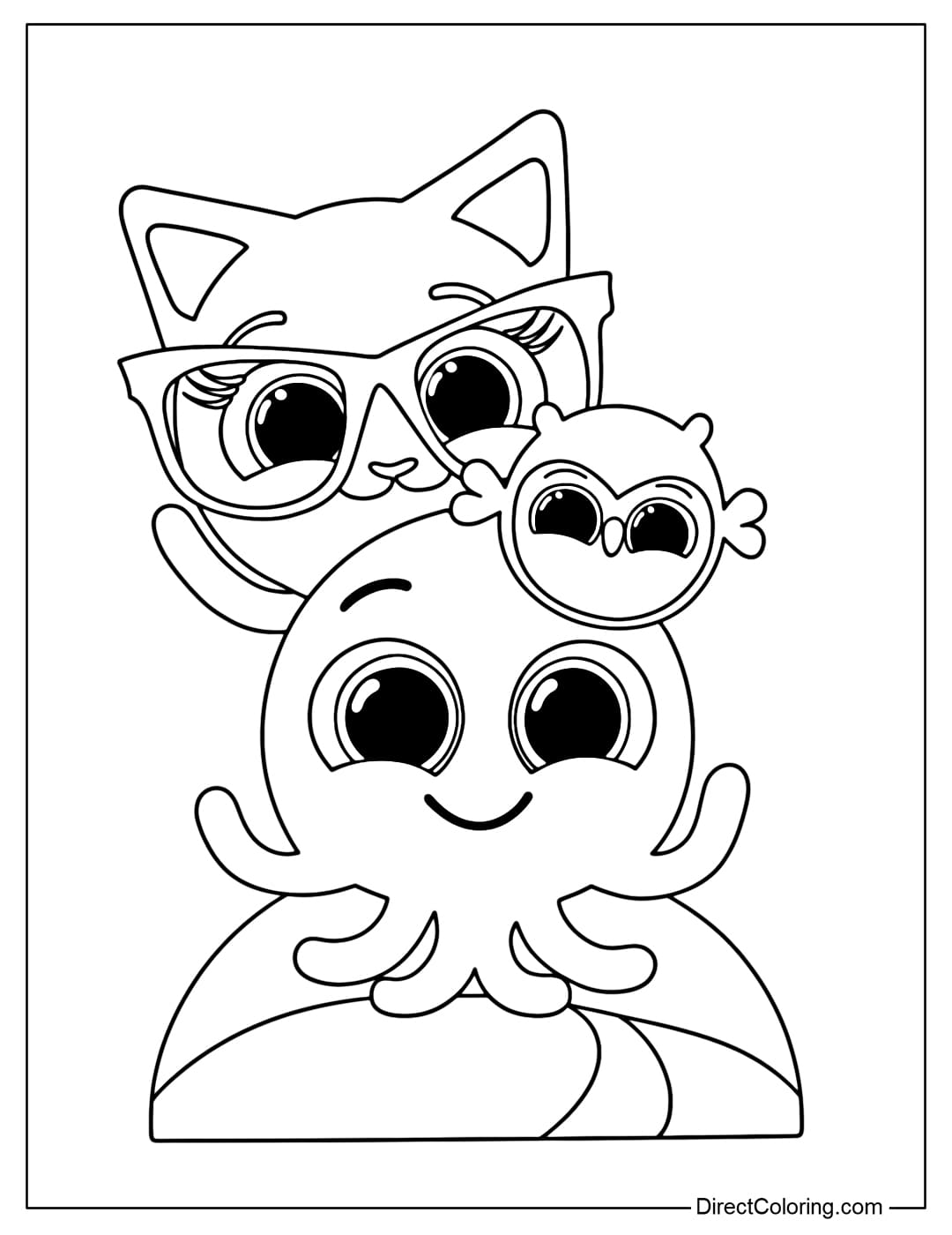 Coloring page of three characters from Bolofofos: Pow the octopus, Sophie the cat with glasses and Pipi the little owl.