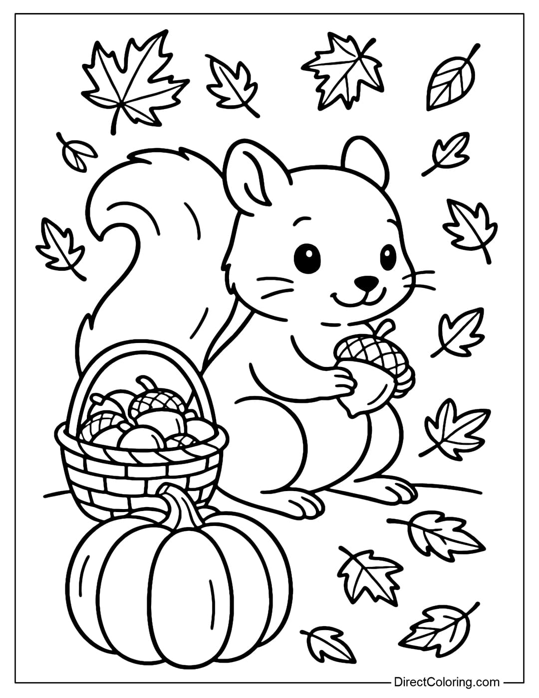 A coloring page of a little squirrel holding acorns in his hands, sitting next to a basket of nuts and pumpkins, surrounded by fallen leaves.