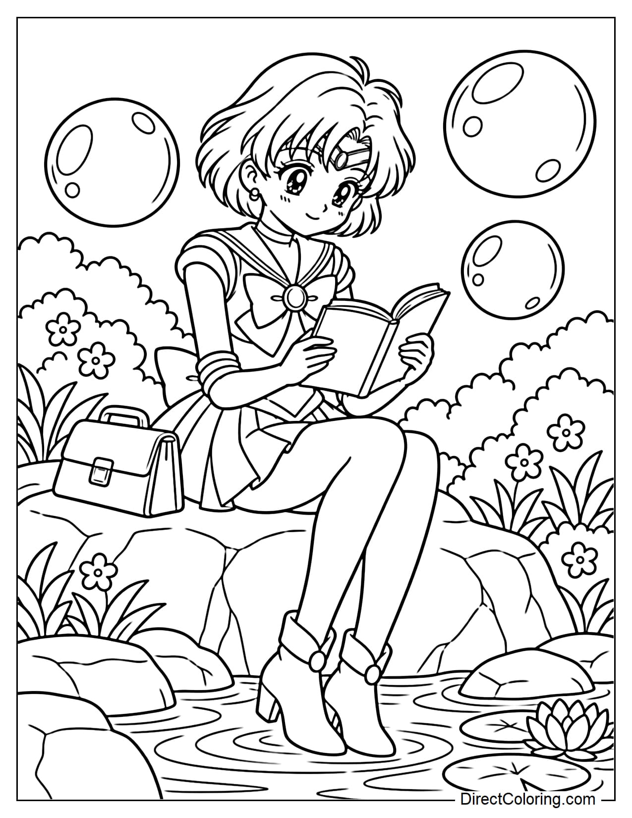 Sailor Mercury (Ami Mizuno) sits on a large rock beside a small pond, carefully reading an open book in her hands. A small school bag rests beside her, while a few rounded bushes and small flowers decorate the background.