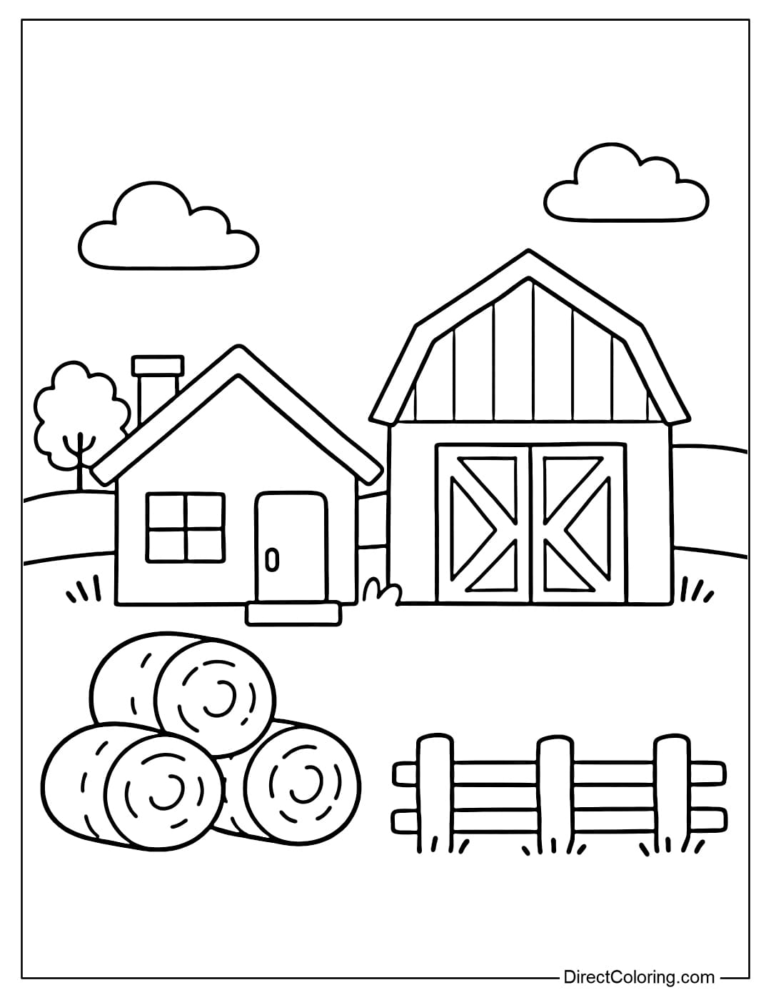 Coloring page of a small farmhouse next to a barn with large, simple shapes.