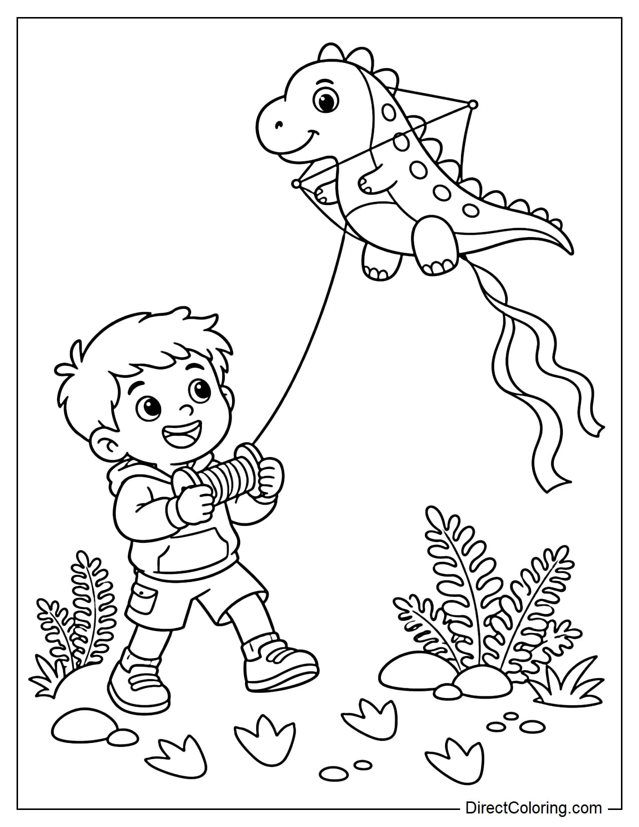 A boy is flying a dinosaur-shaped kite, with some ferns, round stones, and dinosaur footprints underneath.
