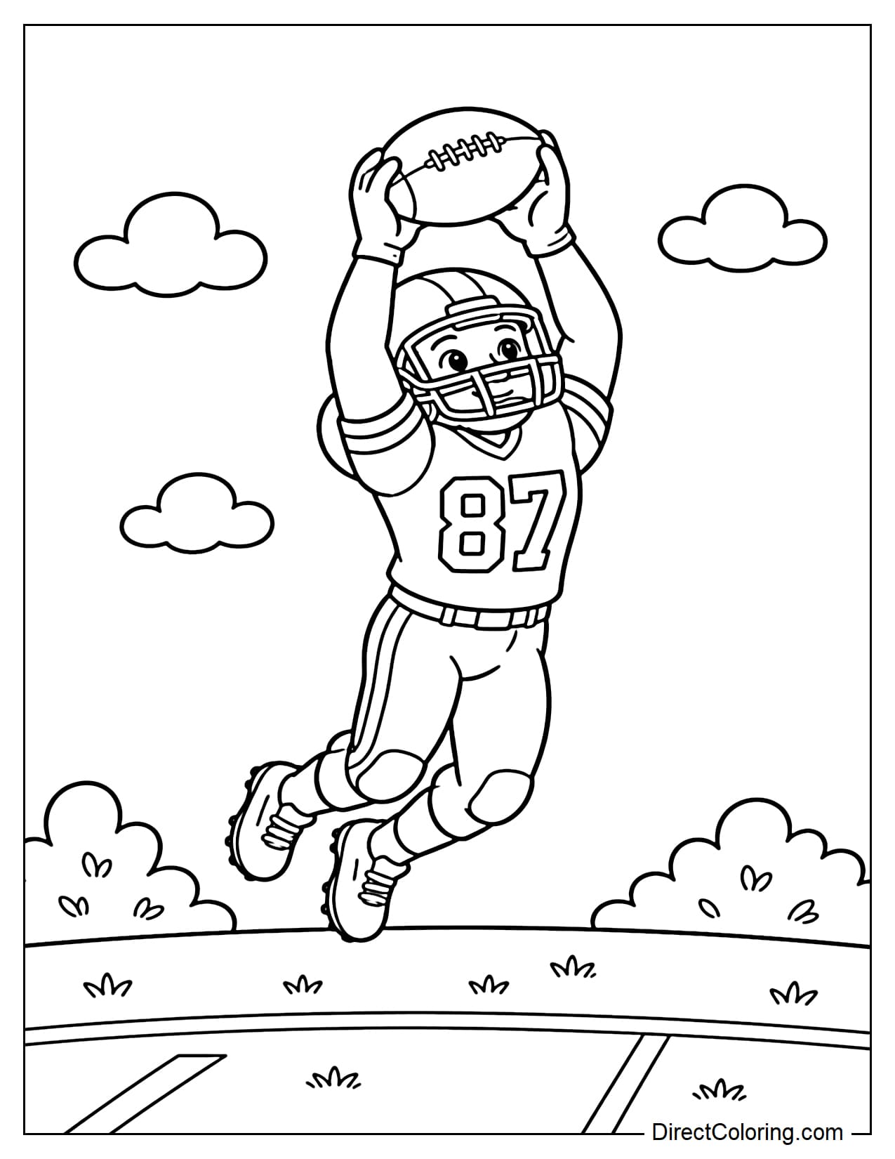 A football player leaps high into the air with both arms extended to catch a pass, with a few simple patches of grass below.