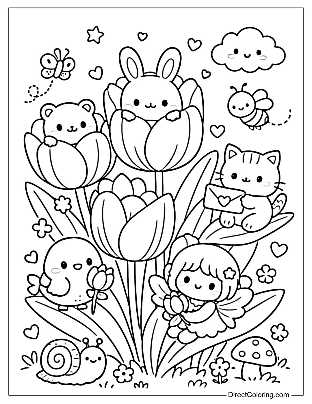 A coloring page featuring cute tulips and adorable little characters.