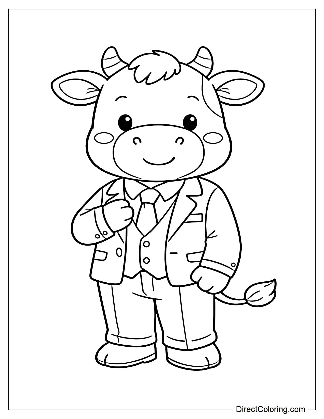 A cow is wearing a simple suit with a shirt and tie.