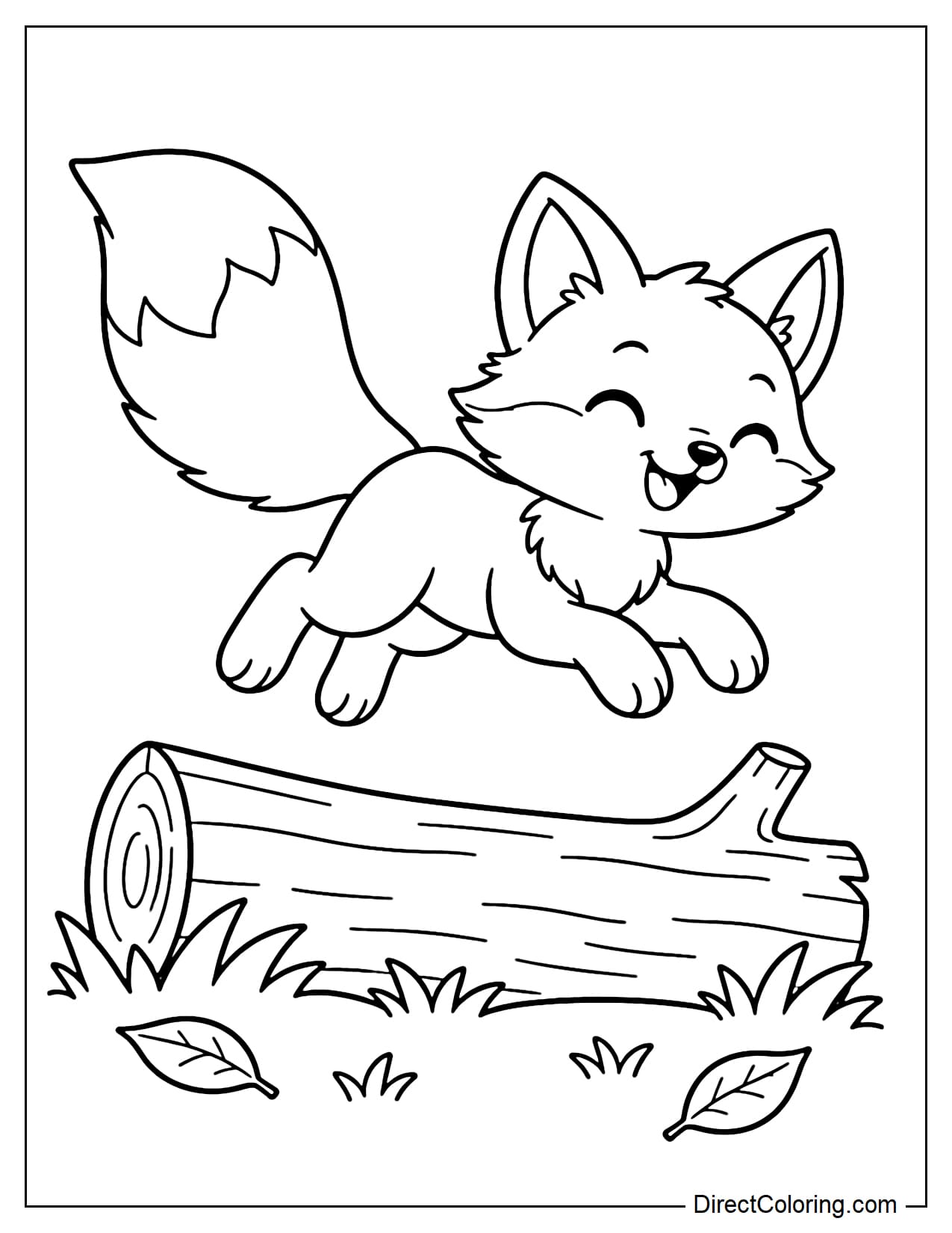 A cheerful fox leaps over a fallen log with all four paws lifted off the ground, with a few simple clusters of grass and leaves beneath the log.