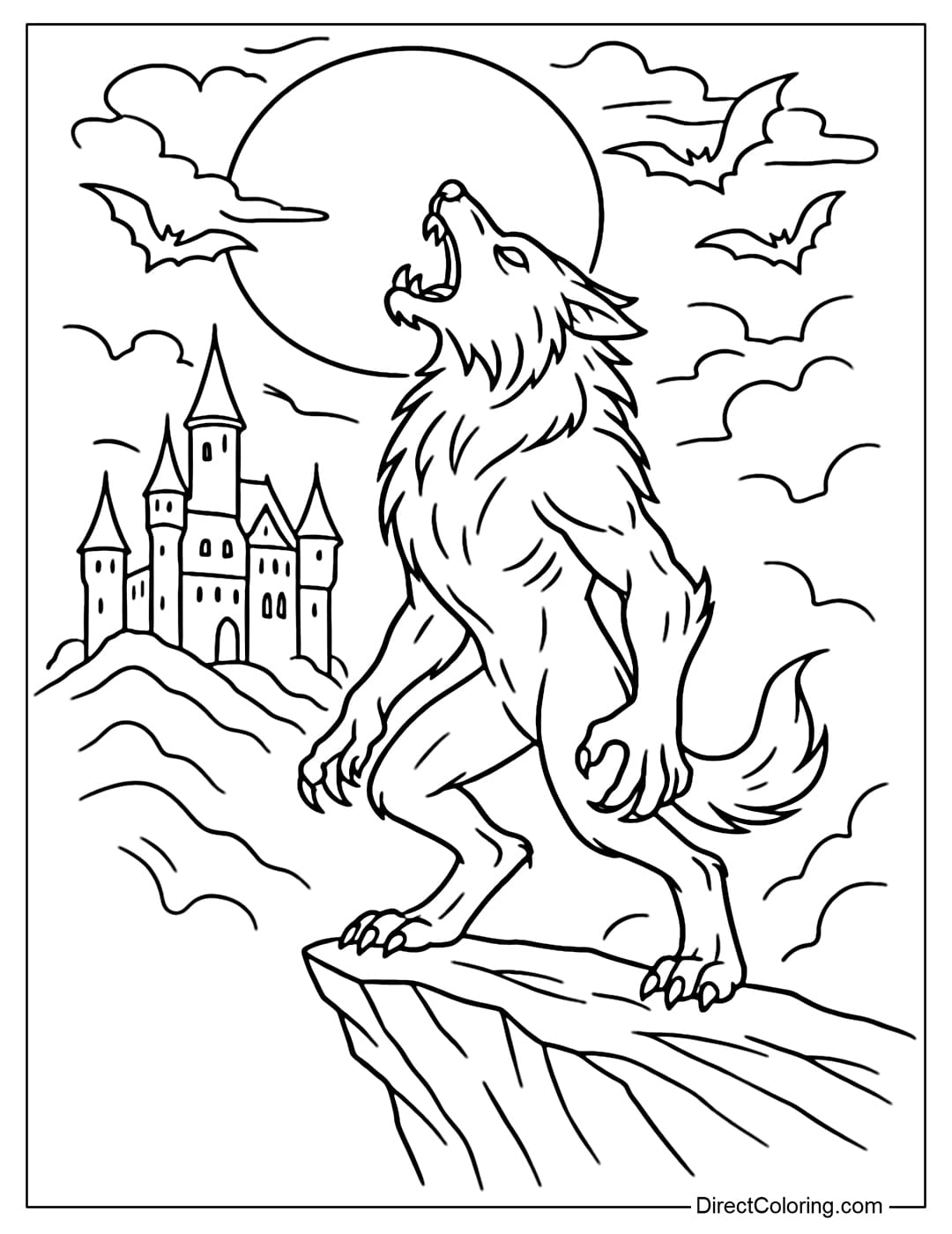A werewolf coloring page standing on a high cliff, looking up and howling, with an ancient castle and bats flying behind him.
