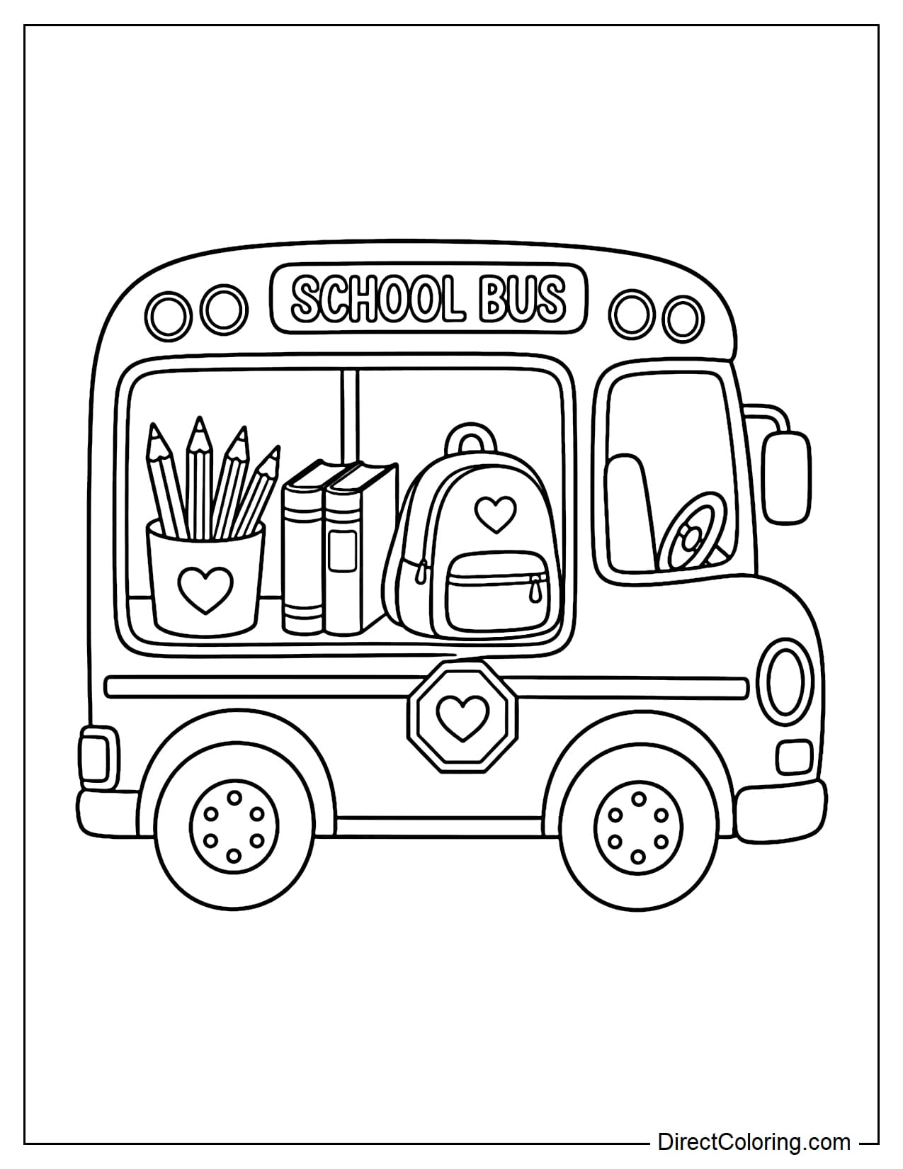 A simple school bus with pens, books, and school supplies neatly arranged inside.