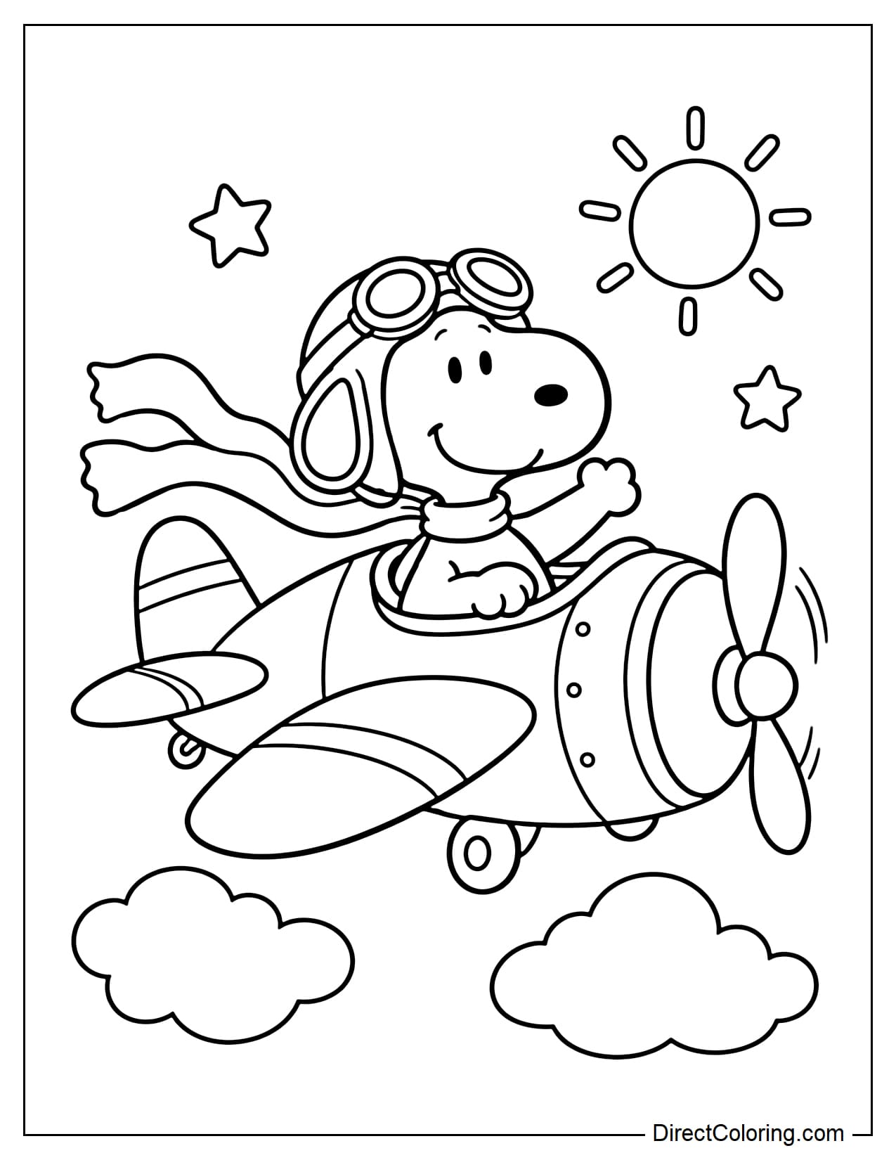 Snoopy flies a simple airplane through the sky, wearing a pilot's cap, goggles, and a long scarf flowing behind him. Clouds, the sun, and a few stars surround the airplane.