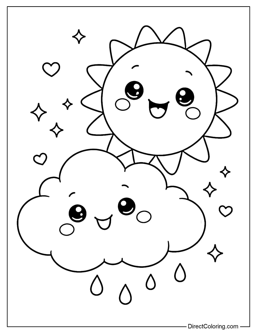 A cloud coloring page standing next to a smiling sun, both with adorable faces.