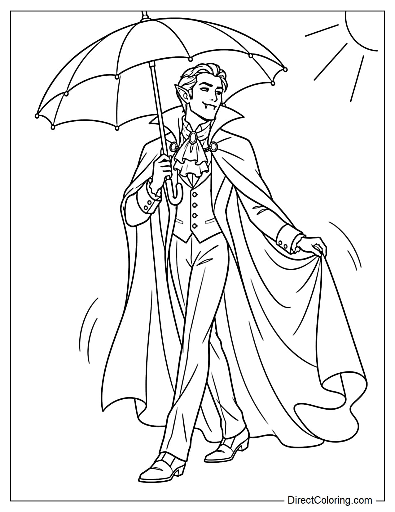 A vampire wearing a long cape and classic gothic clothing is walking beneath a giant sun umbrella.