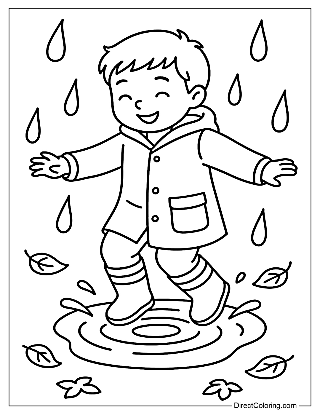 A boy wearing a raincoat and rubber boots, jumping into a puddle, splashing water, surrounded by a few leaves and raindrops.