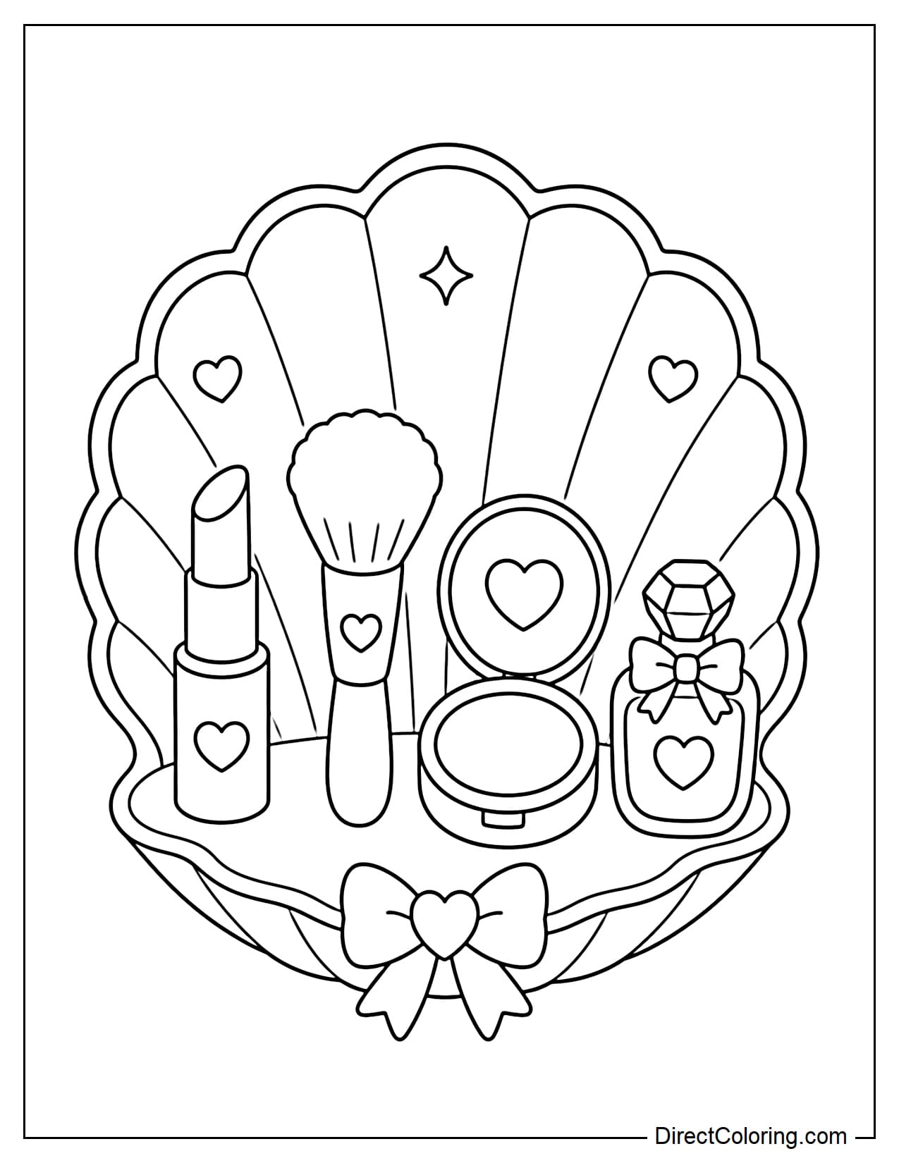 A seashell-shaped tray holding four basic makeup items: a lipstick, a makeup brush, a compact, and a mini perfume bottle.