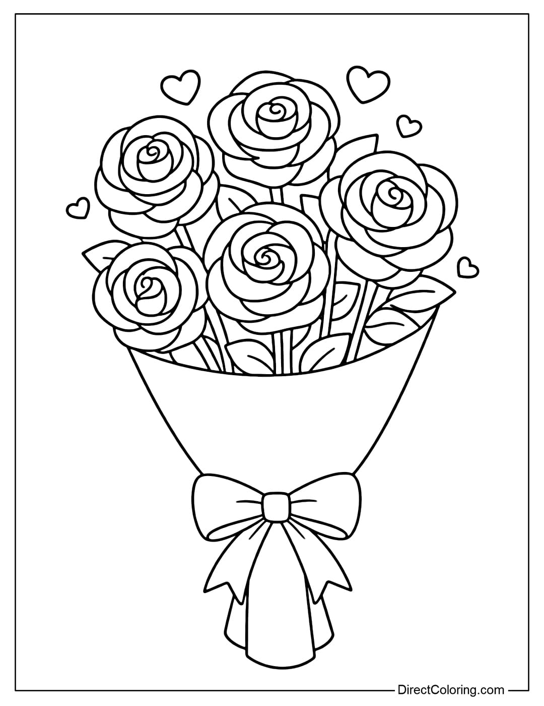 A coloring page for a Valentine's flower bouquet tied with a bow and soft, round flowers.