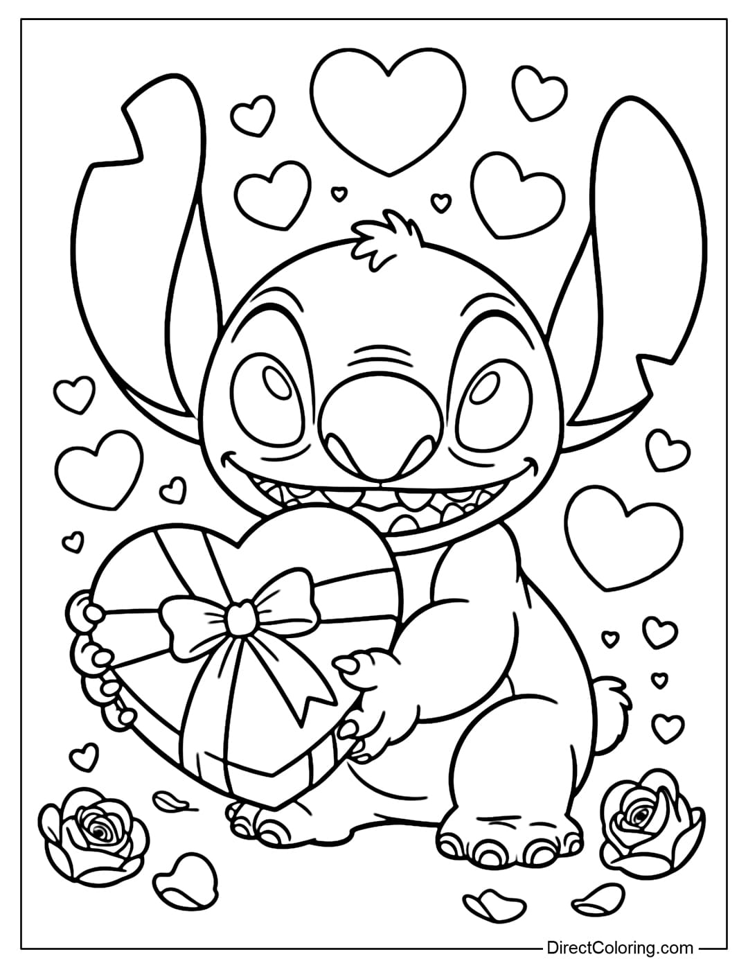 This coloring page shows Stitch holding a heart-shaped box of Valentine's Day chocolates tied with a ribbon.