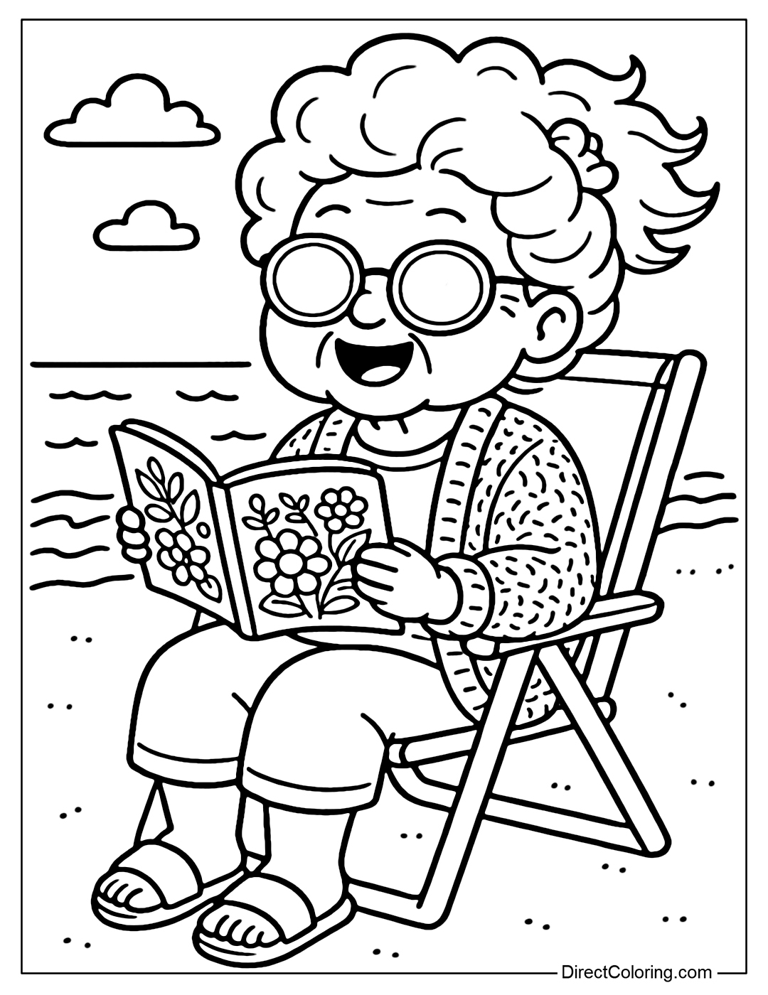 Coloring Page Grandma sits watching the sea with a coloring book.