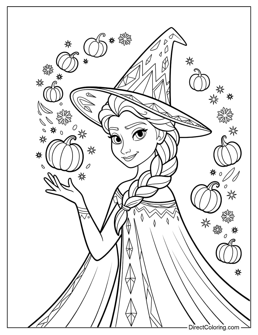 Coloring page Elsa wearing a pointed witch hat, wearing a long cloak covered with ice patterns and raising her hands to create small pumpkin-shaped snowflakes.