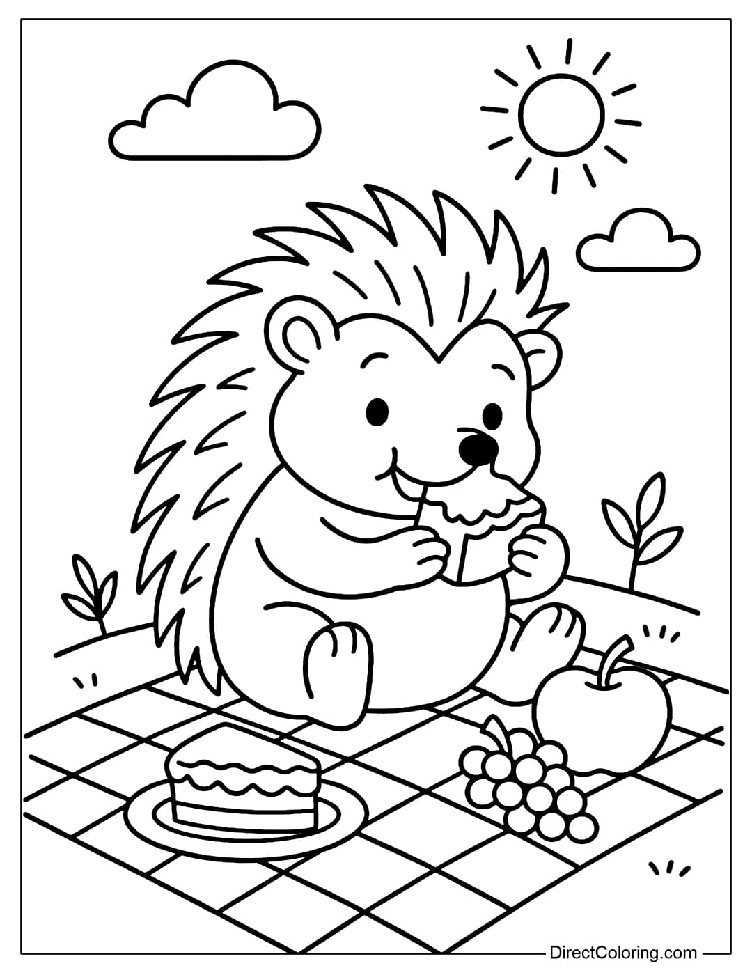 Hedgehog Picnic Coloring Page Coloring page of a cute hedgehog eating cake and fruit during an outdoor picnic.