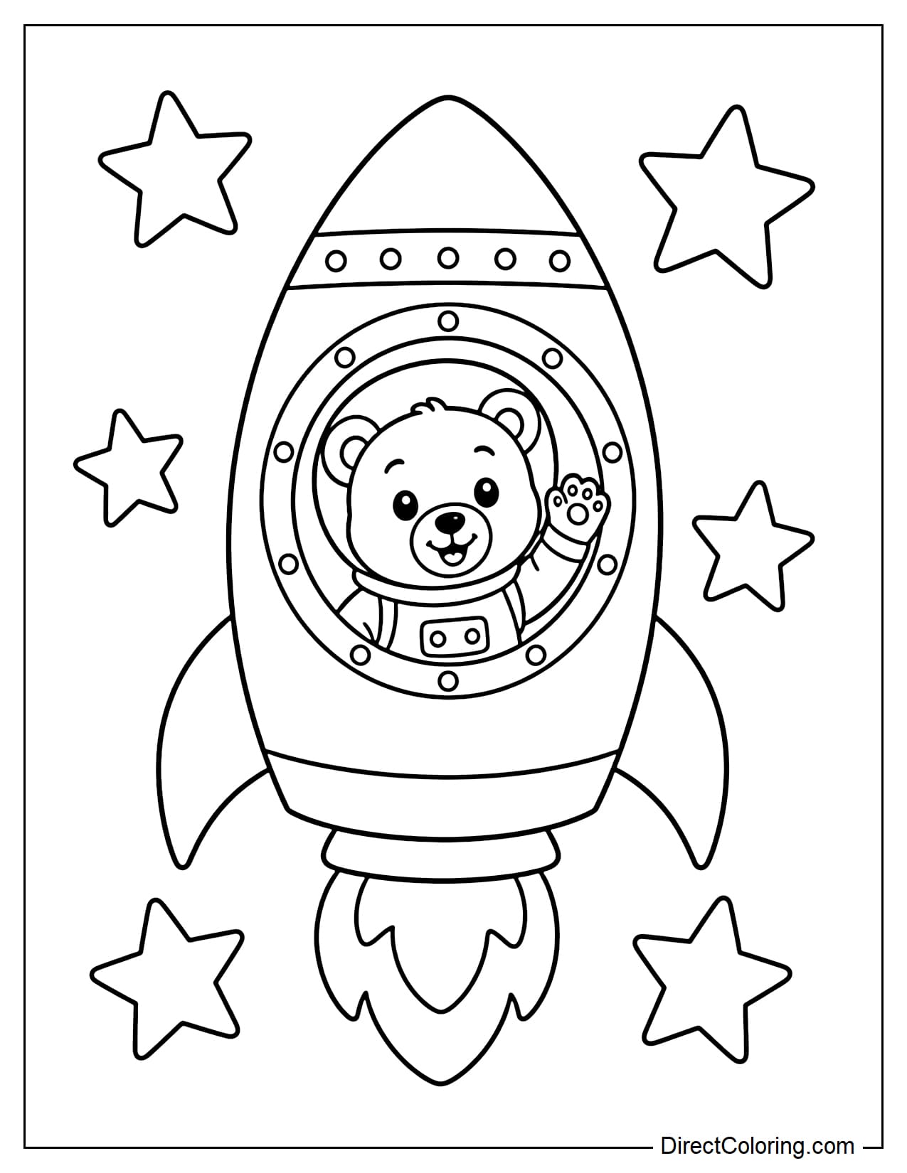 A rocket with a large round window, where a smiling bear astronaut is waving from inside, with a few stars in the background.
