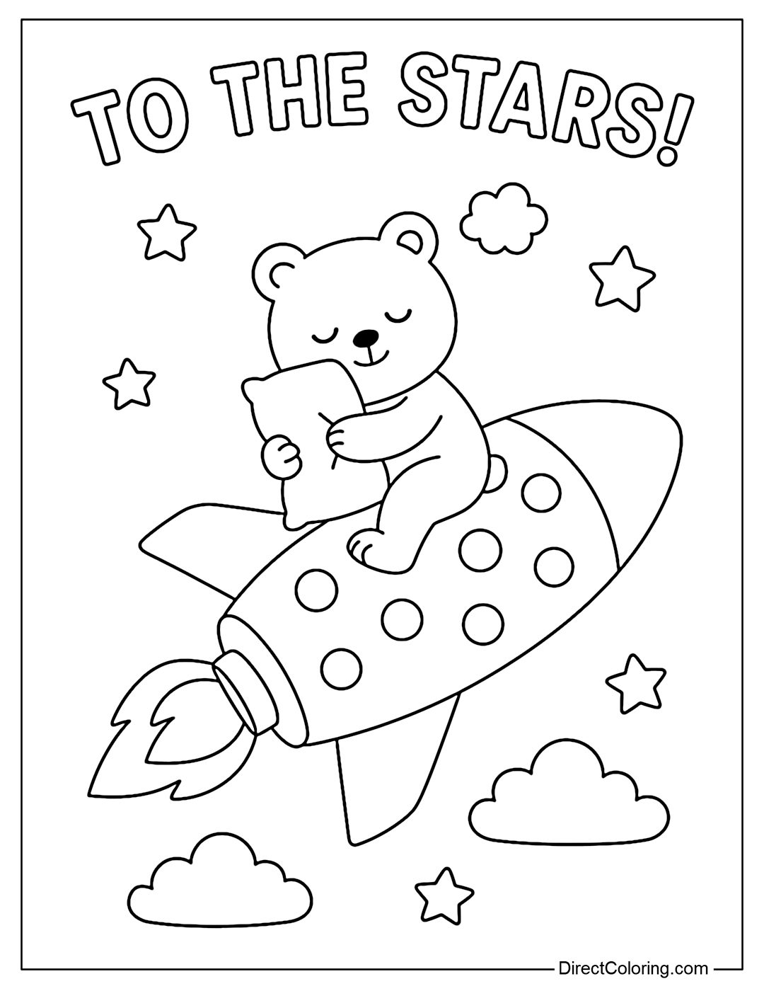 Coloring page of little bear hugging a pillow, imagine flying on a cookie rocket, with the words 
