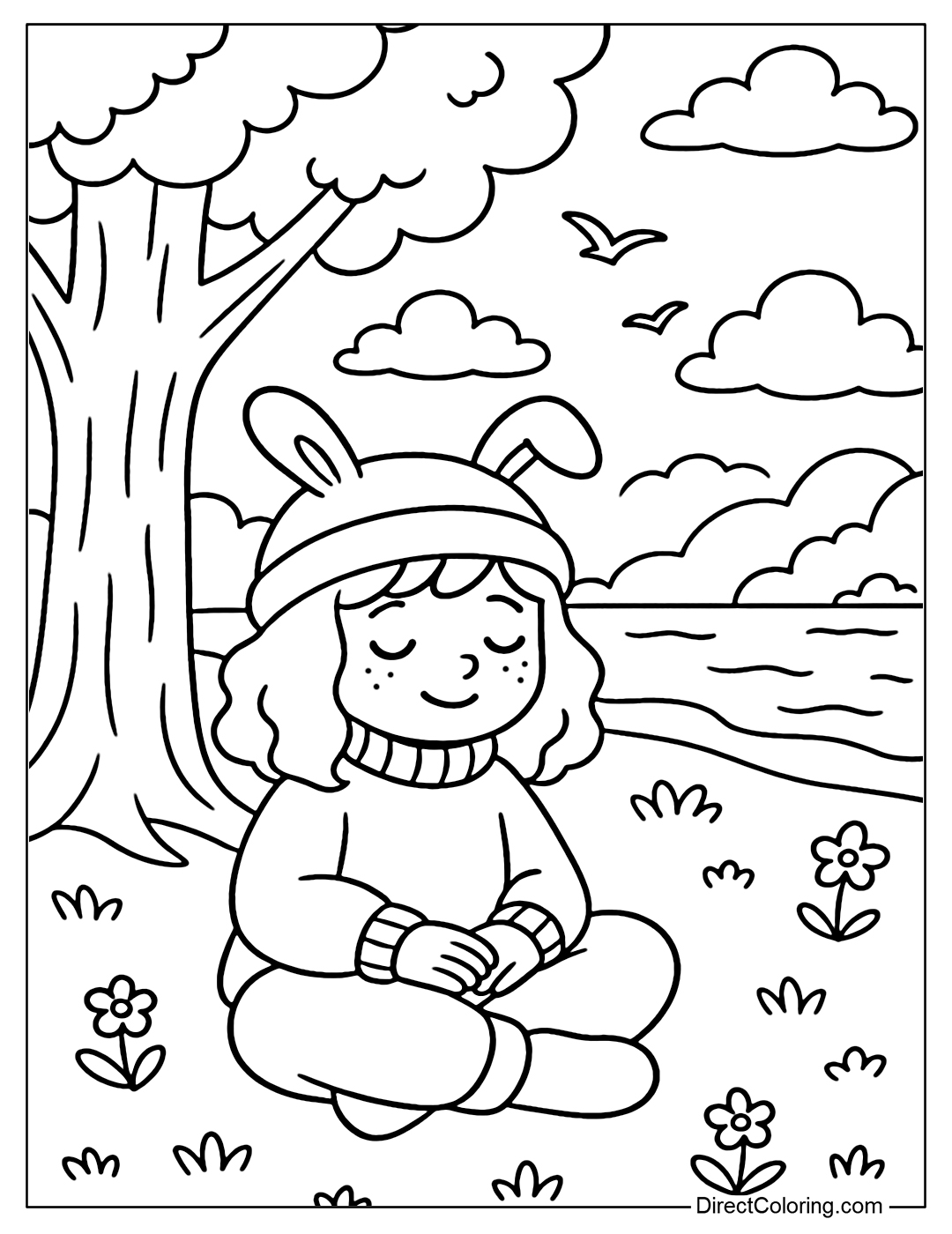 Coloring Page of a Quirky but Friendly Girl Relaxing in a Peaceful Natural Scene