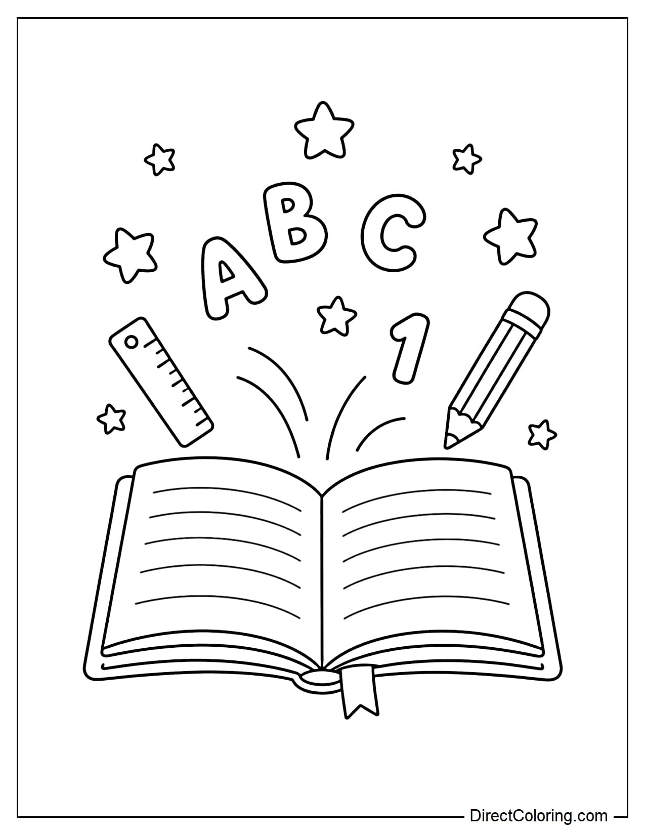 The notebook is open, and stars and simple school symbols fly out from inside.