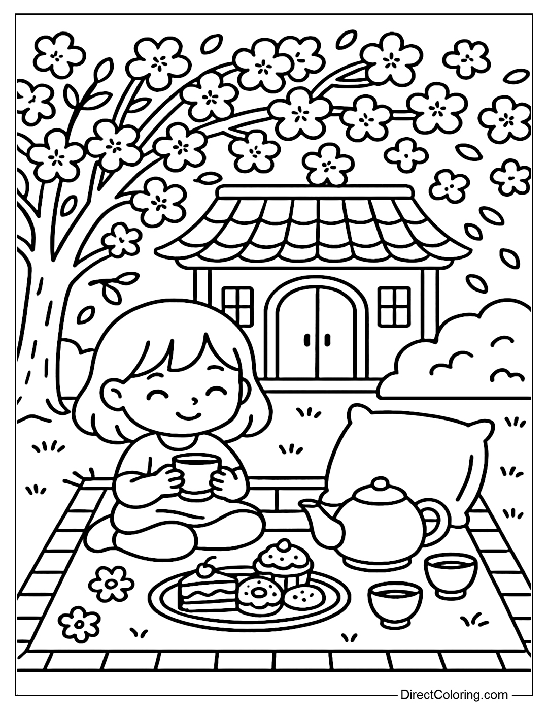 A coloring page of a picnic on a mat under a cherry blossom tree, with a tray of tea, fruit, cakes and a pillow.