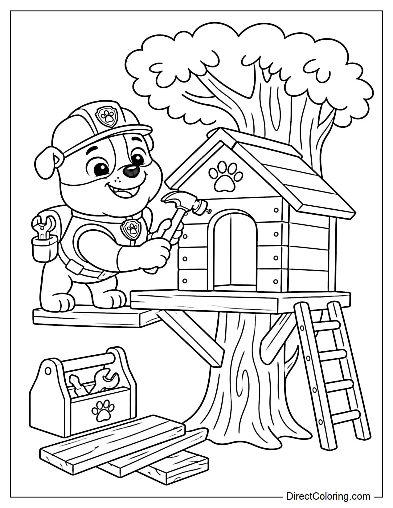 Rubble happily hammers a small treehouse for puppies, with a few wooden planks and a simple toolbox nearby.