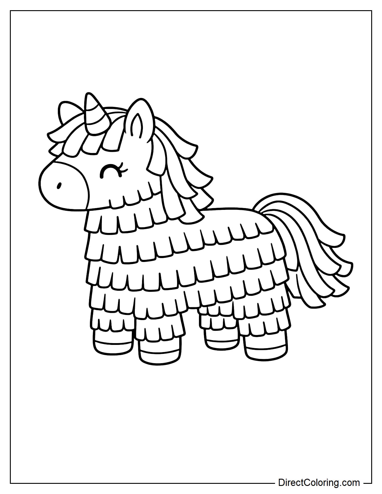 An adorable unicorn-shaped piñata with its distinctive twisted horn on its head.
