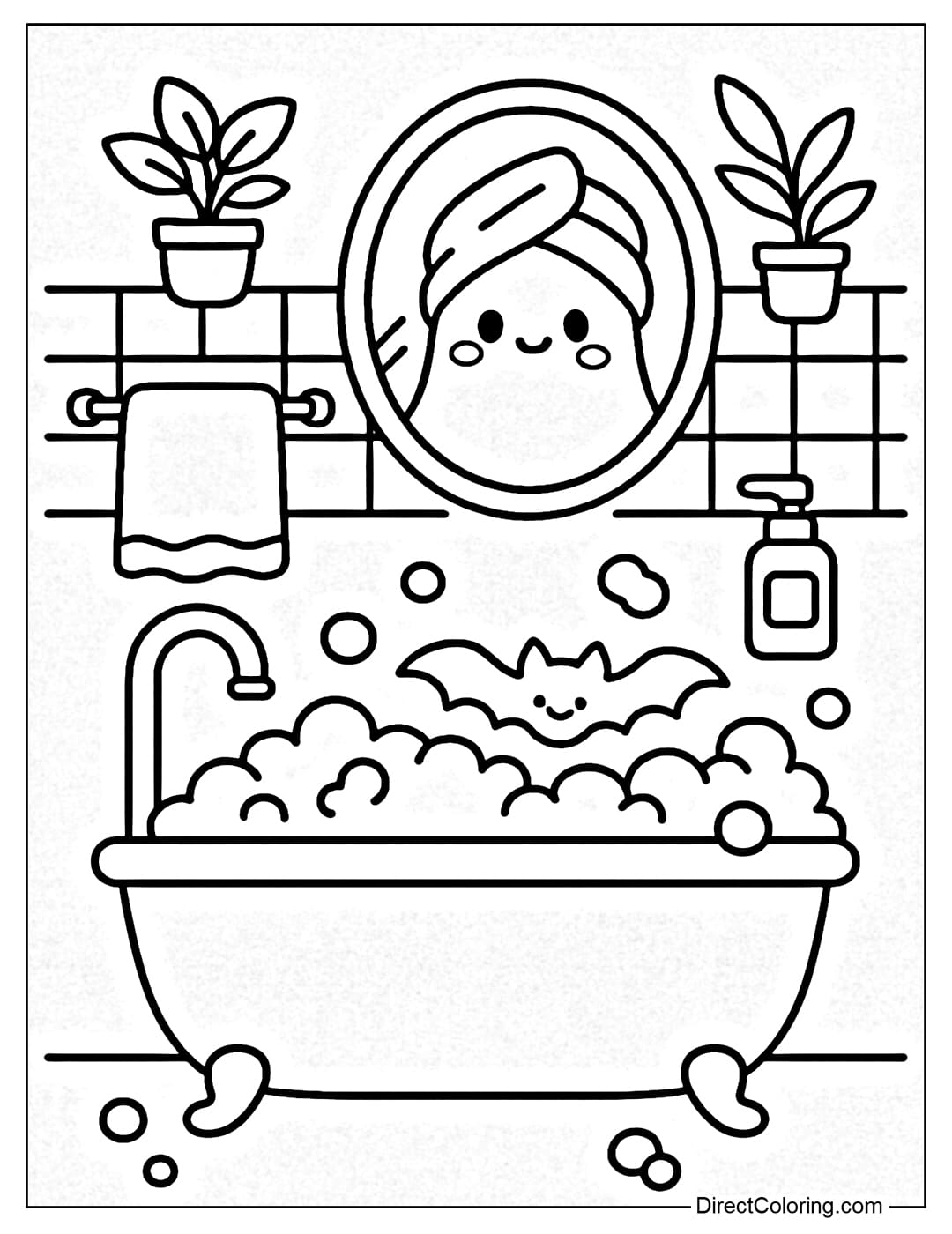 A cute bathroom coloring page, a bathtub with bat-shaped bubbles, a mirror reflecting the face of a little ghost wearing a towel.