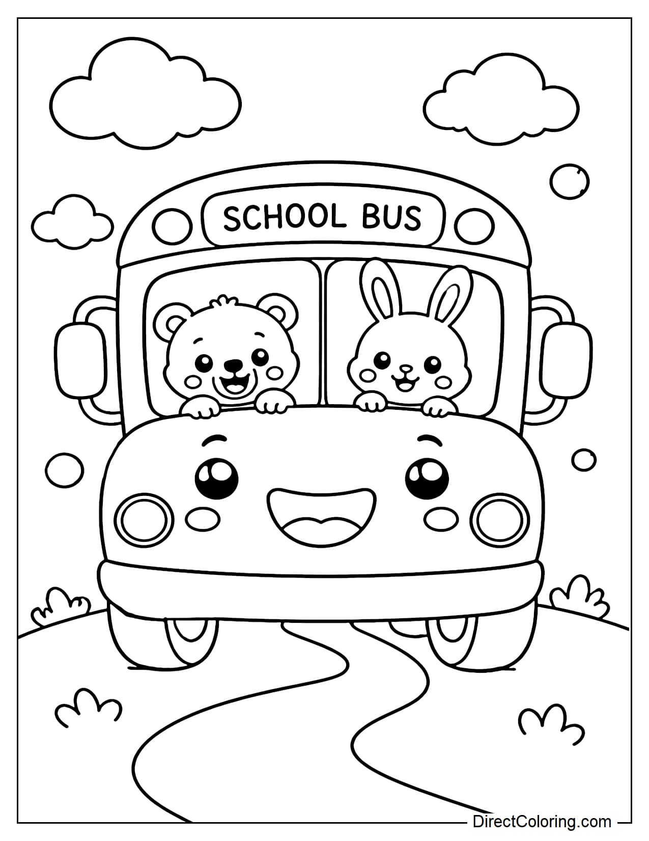 A funny, smiling cartoon school bus with the words 