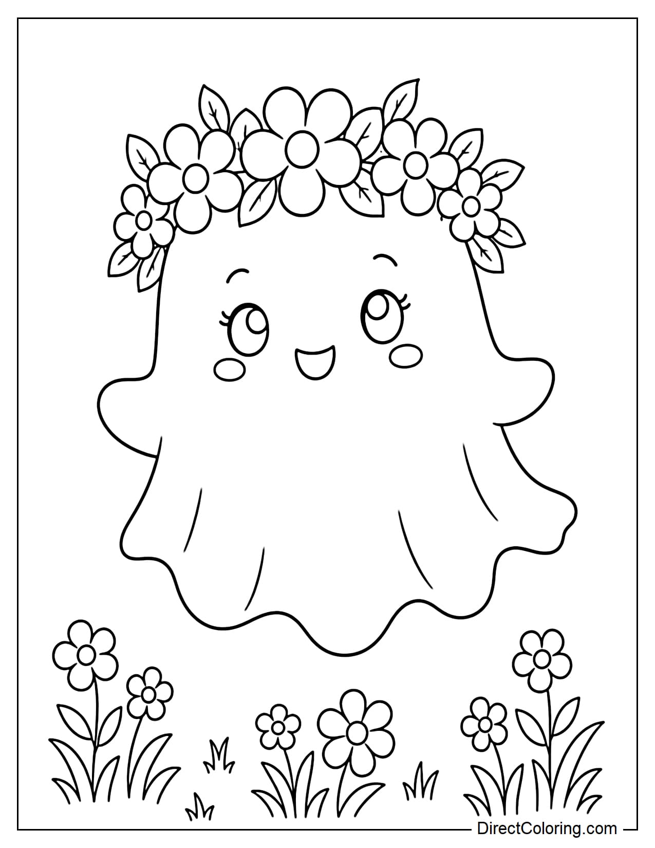 A cute ghost wears a large flower crown made of simple round-petaled flowers and leaves, with a few small patches of grass and flowers below.