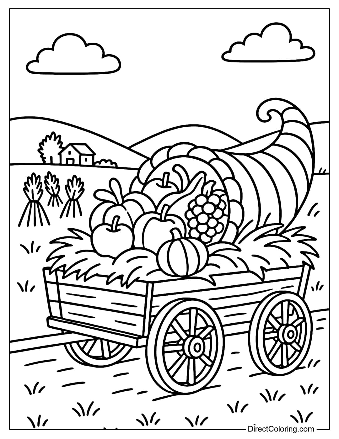 A Cornucopia coloring page placed on a wagon full of hay, a golden harvest countryside scene.