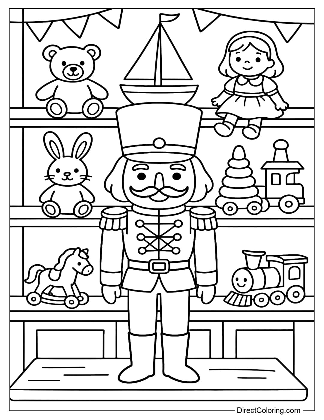 The toy workshop coloring page has a nutcracker, a wooden table, a small hammer, paint, and other cute toys.