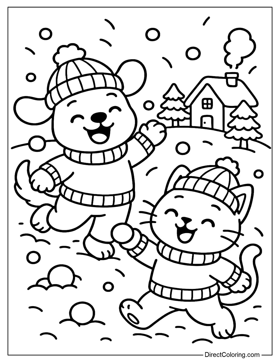 A coloring page of a dog and a kitten happily throwing snowballs in the yard, with a small village hidden in the snow in the distance.